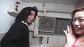 Asian slut blows him lustily in the bathroom