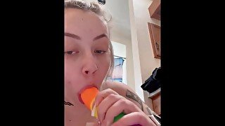 Sucking huge rainbow dick