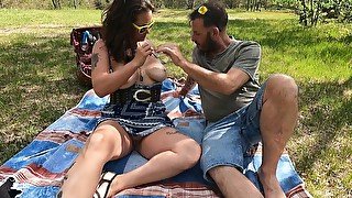 Nursing on her big natural titties while she jerks me off! Finger Fucking her outdoors!