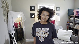 Ebony teen with curly hair, nice riding display before swallowing