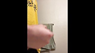 Guy jerks off cums quick in bathroom