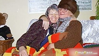 Granny lesbians playing with natural tits and masturbating hairy pussy with dildo