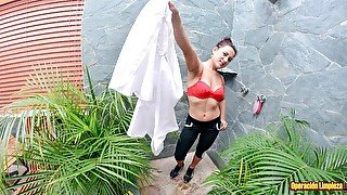 Salacious Colombian cleaning lady gets fucked around the house and eats cum