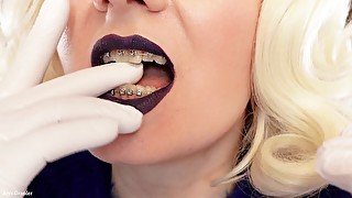 Medical nitrile white nurse gloves and fur with dark lipstick - Blonde ASMR