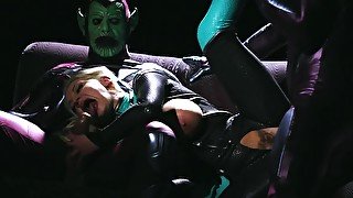 Superheroine overpowers villains by taking care of their dicks