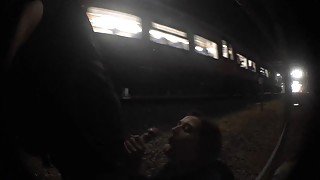 public blowjob with a cumshot on the railroad