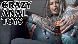 big SQUIRT from Tattoo girl in High heels - hard ANAL strech - ATM, big dildos, GAPE, prolapse play