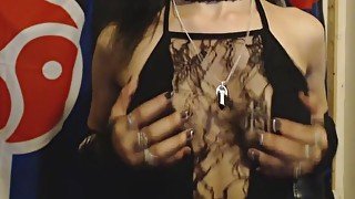 Goth Girl with Big Puffy Nipples Oils up and POV Titty Fucks Jelly Dildo