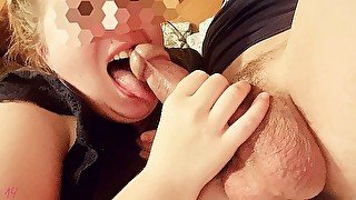 throat blowjob from a young mommy big dick with big testicles, homemade, POV.