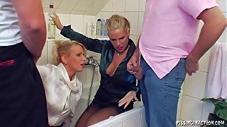 Forusome fucking in the bathroom with two glamour whores. HD