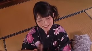 Japanese hussy licks and titfucks a prick and gets cum on her pussy