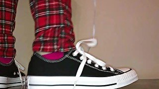 Cock box trampling by black Converse with cock on doggy lead