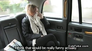 Tattoooed Brit giving rimjob and fucking in fake taxi