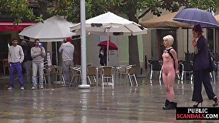 Public perverted naked slut seduced by BDSM lady outdoor