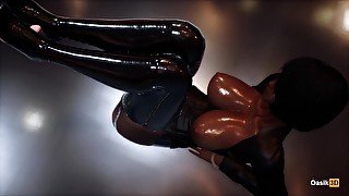 Girl in black latex gives a guy a footjob 3D