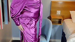 Hot crossdresser in full erotic purple satin