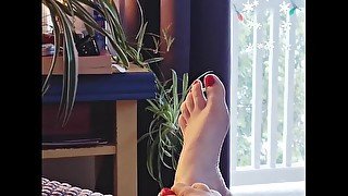 Pyjamas and Pretty Feet with Glossy Red Toes