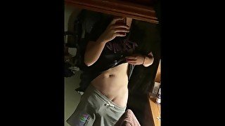 Teen Strokes Cock In Mirror