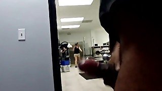 Jerkin off to two women doing laundry one watches cum