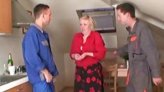 Two repairmen bang granny till double cumshot