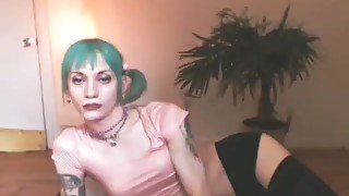 Punk Tgirl cum on cam with toys