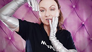 Long opera silver shiny gloves by Arya Grander. Fetish sounding free SFW video.