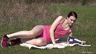 Solo model Charli Red takes off her panties in outdoors to play