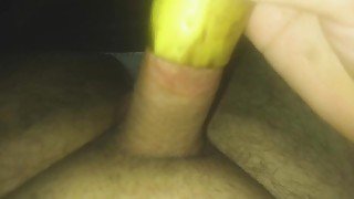 first time masturbating using banana with my fat short dick