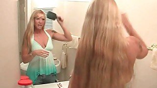 Blonde dressed for party sucks on cock