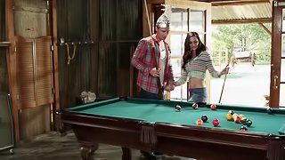 Lily Carter fucking on the pool table and gives stud a good suck off