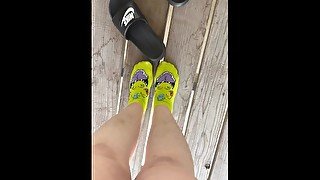 Cute BBW Shows Off Feet In Ankle Socks & Slide Sandals