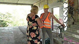 Blonde mature BBW Oksana pounded missionary at a construction site