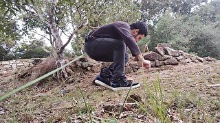 Boy Very nervous puts his dick outside jeans / and piss at the woods