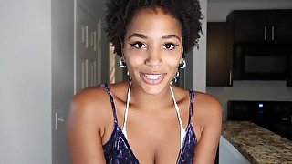 Amateur ebony babe with beautiful black tits gives POV blowjob to dildo and rides it - homemade solo