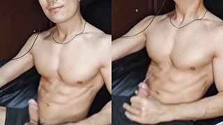 A young man with a muscular body Masturbation in a place where you shouldn't speak Thick sperm from