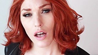 Busty redhead chick solo - leather fetish masturbation