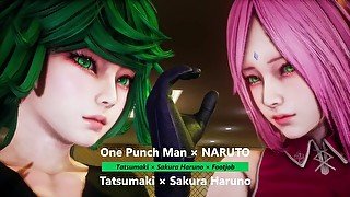 One Punch Man × NARUTO - Tatsumaki × Sakura Haruno × Footjob - Lite Version