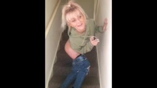 Dirty bitch plugs her arse on stairs while her step dads comeing through 