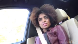 Black hottie takes on white cock in the car POV