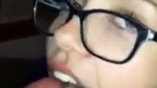 Girl with glasses gives blowjob but wasn't ready for cim