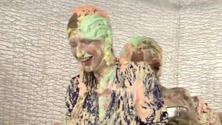 Classy eurobabes get messy in bizarre food fight