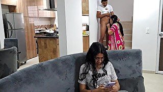 My stepmother sucks my dick on the stairs while my stepsister is distracted