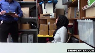 Big titted hijab teen gets a facial in the shop backoffice