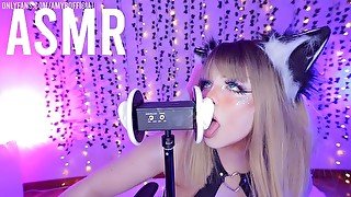 ASMR AMY B  KAWAII ANIME GIRL EAR LICKING 3DIO *wet sounds, mouth sounds, kissing, lollipop**