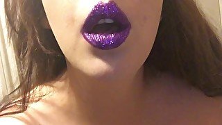 Pale Brunette Teen with Perky Tits Smoking in Purple Lipstick with Glitter