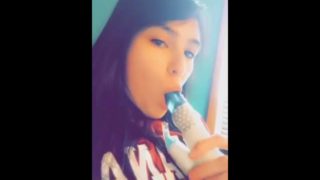 Cute  girl practicing blowjobs