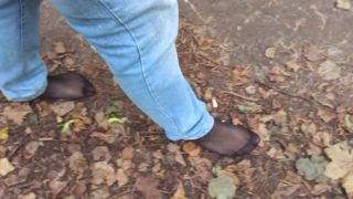 Risky walking in the forest barefoot with pantyhose, I also needed to pee!