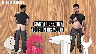 Giant plumber tricks Tiny to get in his mouth