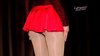 Oil shiny nude pantyhose and red spandex miniskirt