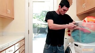 Cute guy jerks off on laundry day